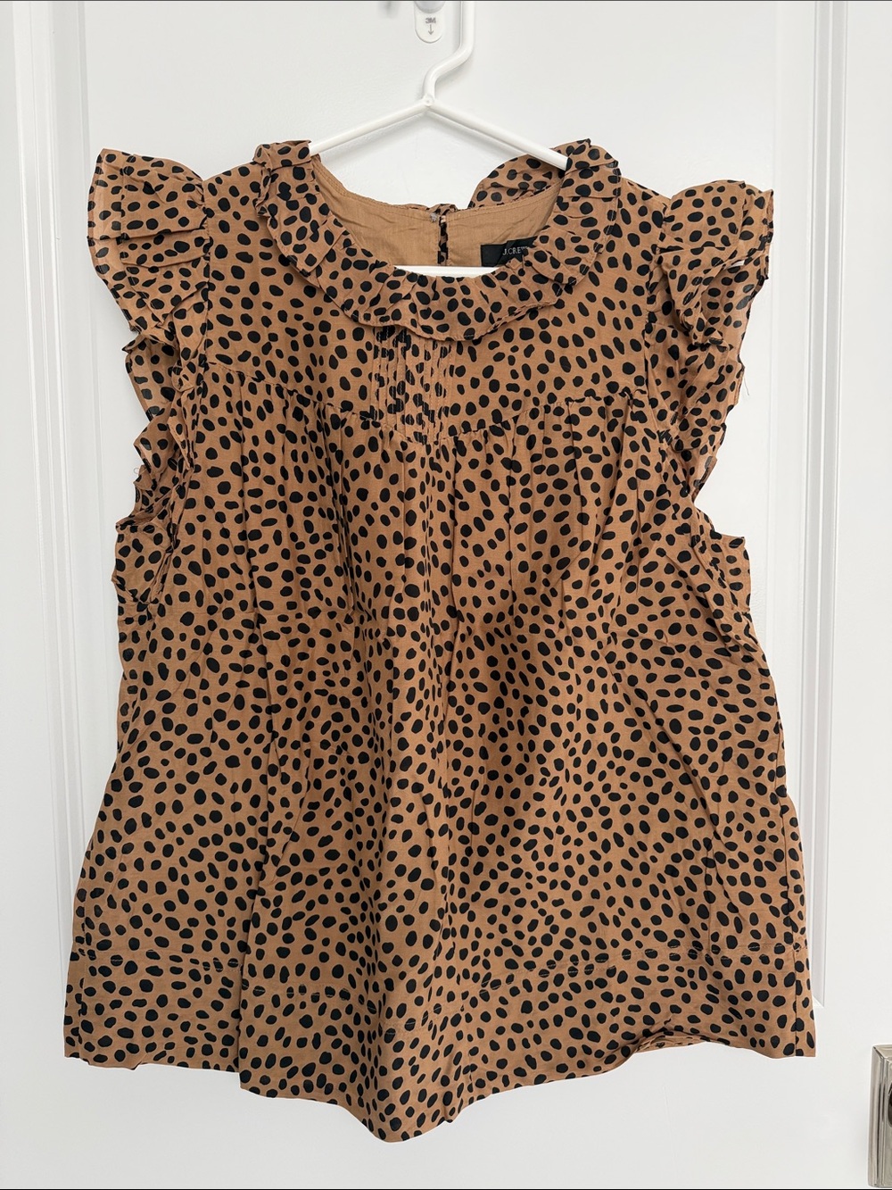 J. Crew Tan and Black Polka Dot Ruffle Sleeve Top